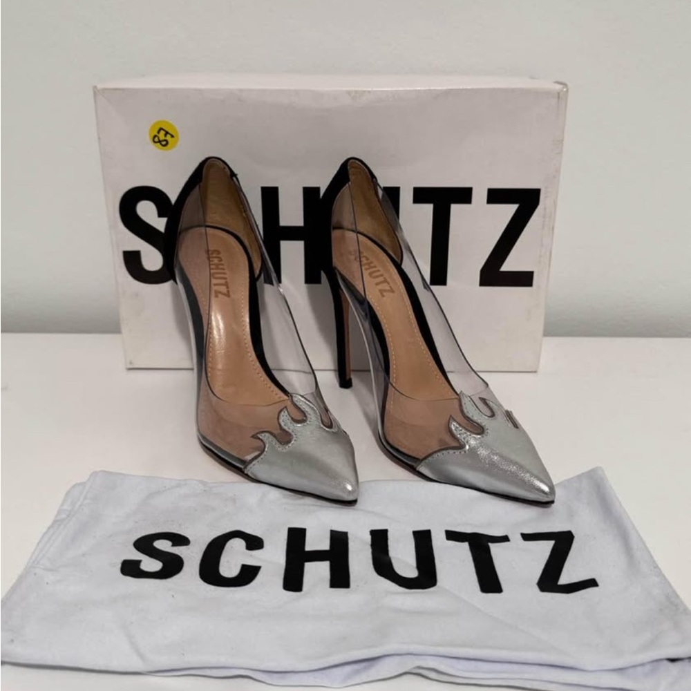 NIB SCHUTZ Den High Heel Pointed Toe Dress Pumps Flame Pointed Toe Transparent